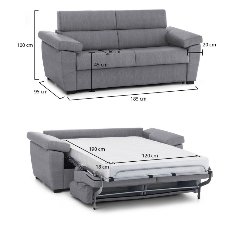 Divano letto 2 posti Salorno, 185x95 h100 cm, Grigio