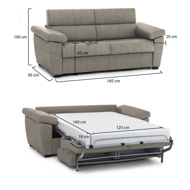 Divano letto 2 posti Salorno, 185x95 h100 cm, Tortora