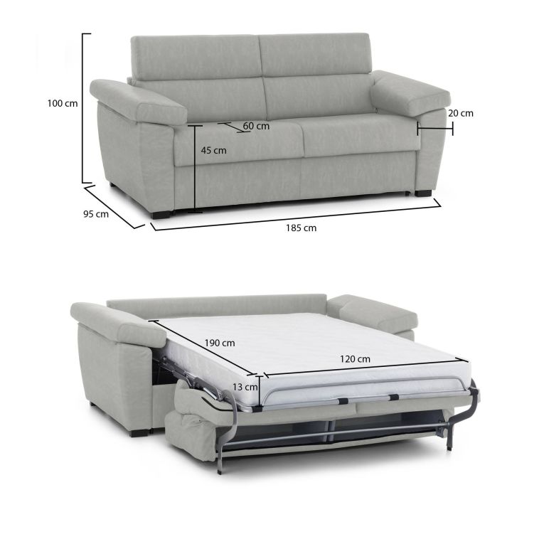 Divano letto 2 posti Seui, 185x95 h100 cm, Grigio chiaro