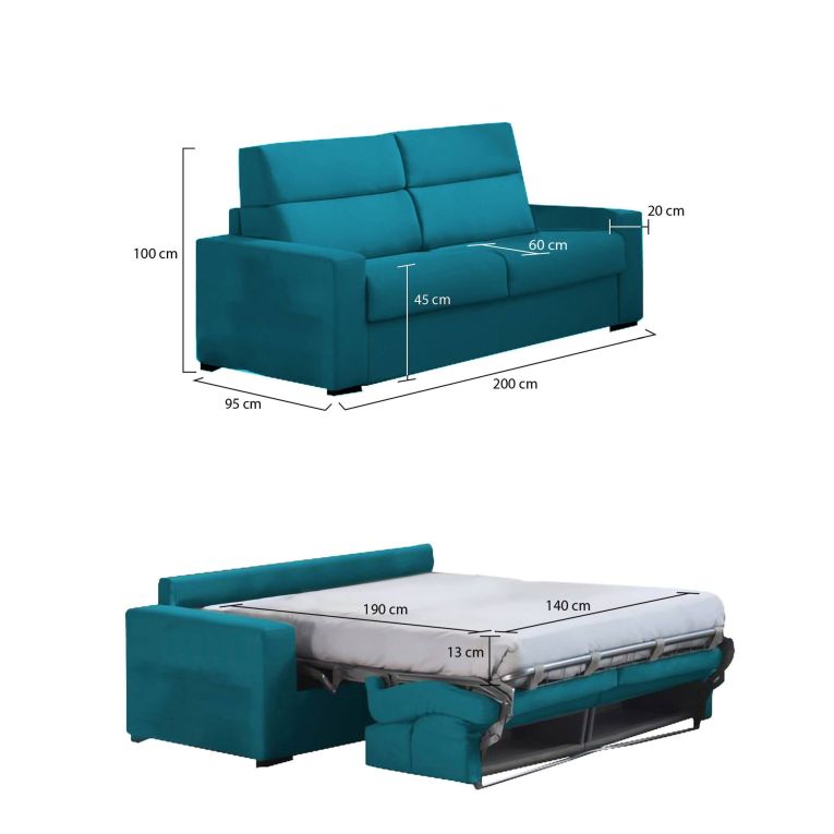Divano letto 2 posti Sonico, 200x95 h100 cm, Azzurro