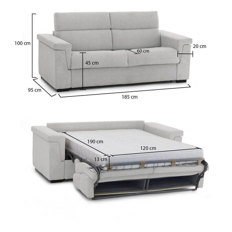 Divano letto 2 posti Tenna, 185x95 h100 cm, Grigio chiaro