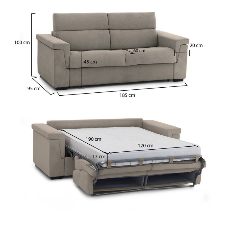 Divano letto 2 posti Tenna, 185x95 h100 cm, Tortora