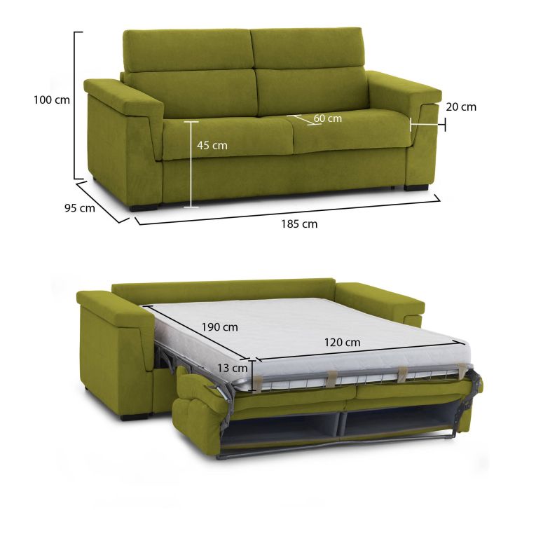 Divano letto 2 posti Tenna, 185x95 h100 cm, Verde