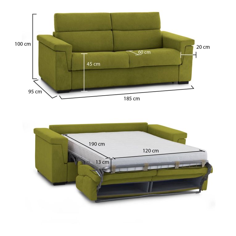 Divano Letto 2 Posti Verde Sfoderabile Contenitore 185x95 cm, di Apertura a Ribalta Made in Italy - Tenna