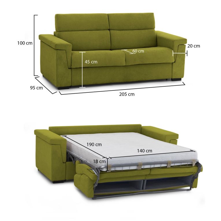 Divano Letto 2 Posti Verde Sfoderabile Contenitore 205x95 cm, di Apertura a Ribalta Made in Italy - Brusasco
