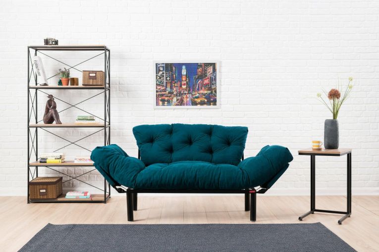 Divano letto 2 posti Zeeusis, Sofà trasformabile, Divanetto per ospiti, Poltrona letto contenitore, 155x70 h85 cm, Azzurro