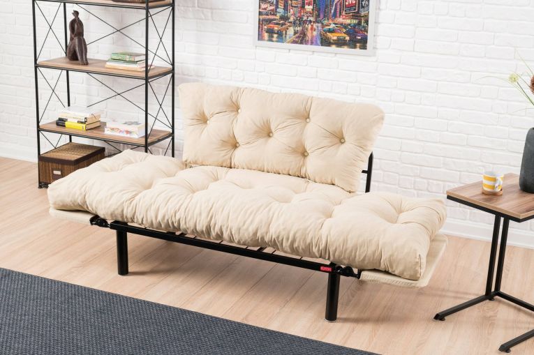 Divano letto 2 posti Zeeusis, Sofà trasformabile, Divanetto per ospiti, Poltrona letto contenitore, 155x70 h85 cm, Crema