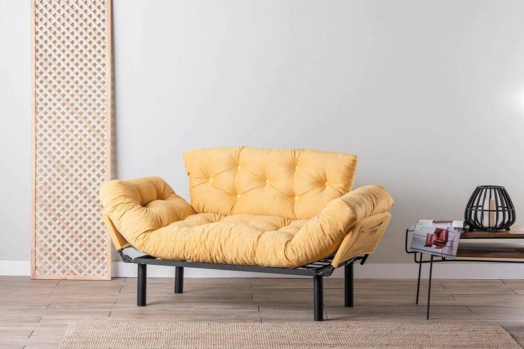 Divano letto 2 posti Zeeusis, Sofà trasformabile, Divanetto per ospiti, Poltrona letto contenitore, 155x70 h85 cm, Giallo