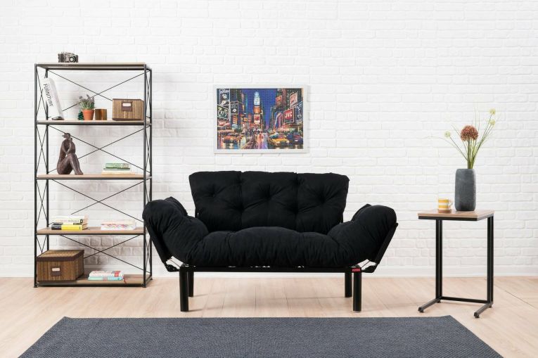 Divano letto 2 posti Zeeusis, Sofà trasformabile, Divanetto per ospiti, Poltrona letto contenitore, 155x70 h85 cm, Nero