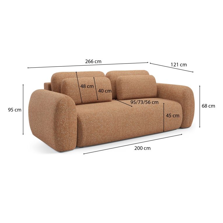 Divano Letto 3 Posti Arancione Contenitore di Apertura a Libro 266x121 cm, Reclinabile - Sessame