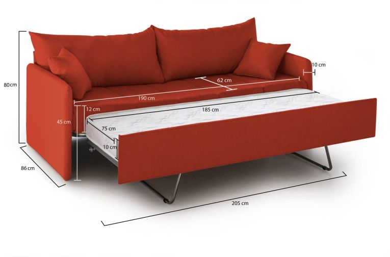 Divano letto 3 posti Avellana, 205x86 h80 cm, Arancione