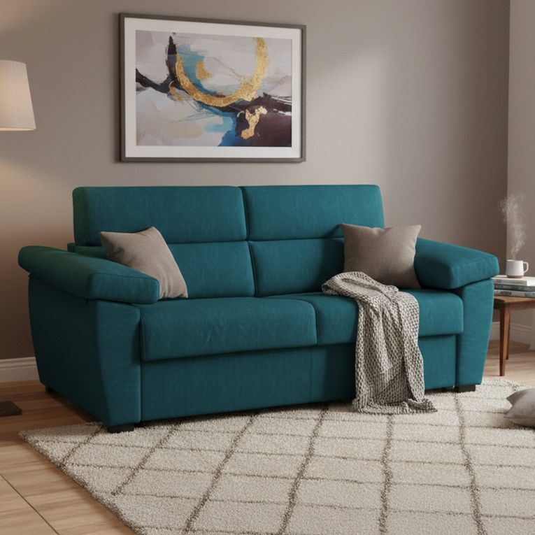 Divano Letto 3 Posti Azzurro Sfoderabile Contenitore 225x95 cm, Lavabile Made in Italy - Pacecos