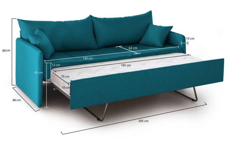 Divano Letto 3 Posti Azzurro Sfoderabile Lavabile 205x86 cm, Idrorepellente Letto Estraibile Materasso Incluso Made in Italy - Avellana