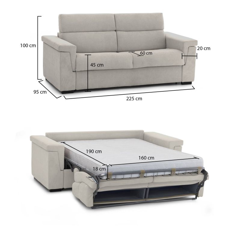 Divano Letto 3 Posti Beige Sfoderabile Contenitore 225x95 cm, Lavabile Made in Italy - Benedetto