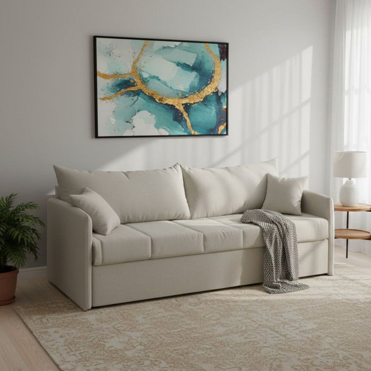Divano Letto 3 Posti Beige Sfoderabile Lavabile 205x86 cm, Idrorepellente Letto Estraibile Materasso Incluso Rete a Doghe Made in Italy - Avellana