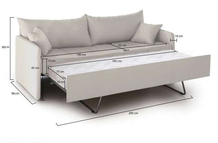 Divano Letto 3 Posti Beige Sfoderabile Lavabile 205x86 cm, Idrorepellente Letto Estraibile Materasso Incluso Rete a Doghe Made in Italy - Avellana