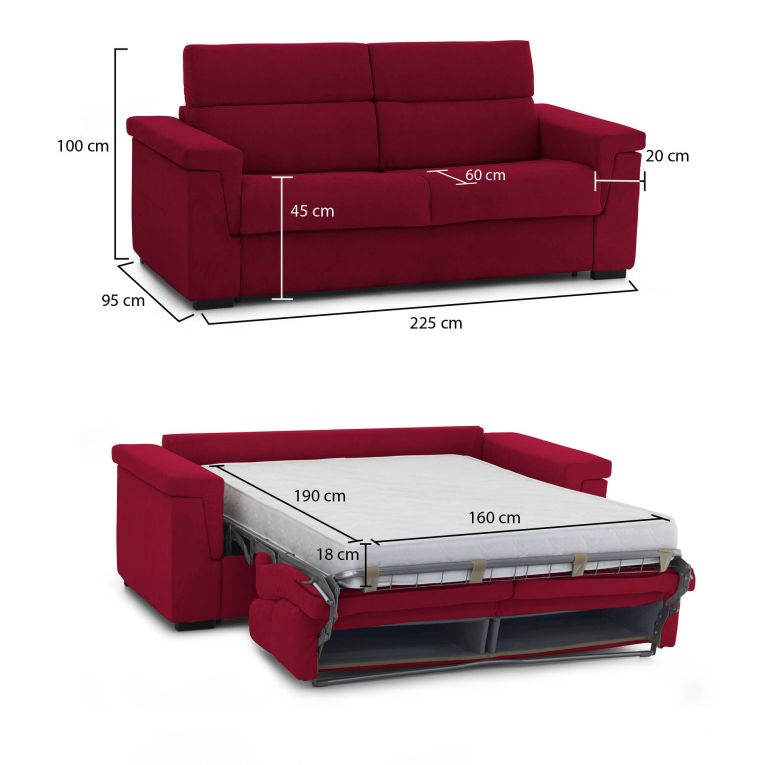 Divano letto 3 posti Benedetto, 225x95 h100 cm, Rosso