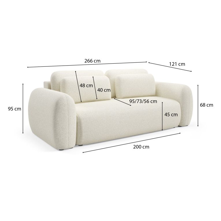 Divano Letto 3 Posti Bianco Crema Contenitore di Apertura a Libro 266x121 cm, Reclinabile - Sessame