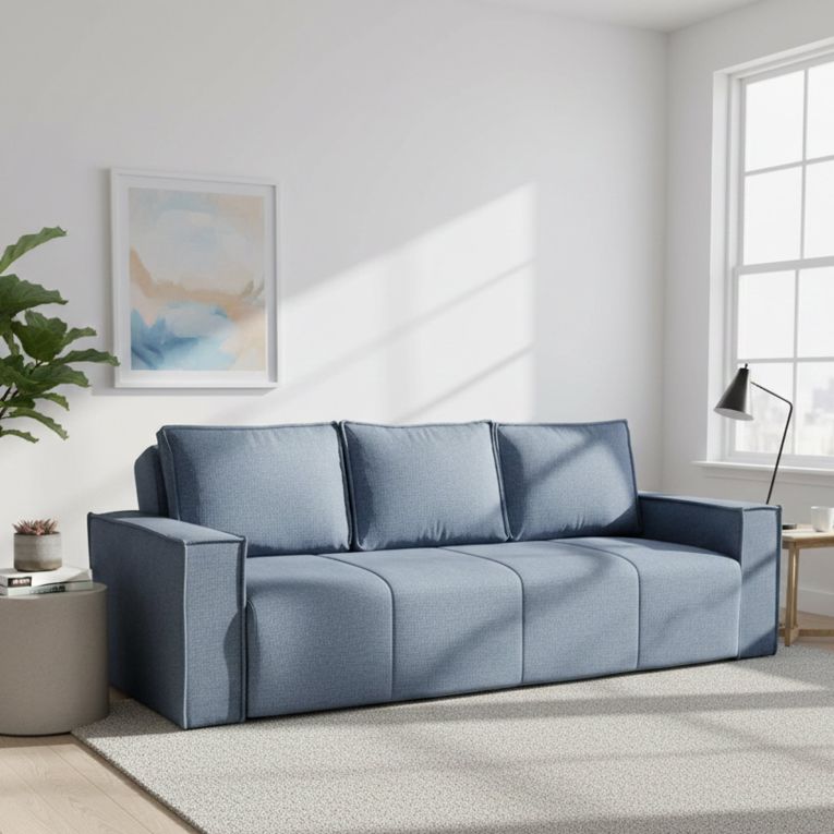Divano Letto 3 Posti blu Contenitore di Apertura Click-clack 231x99 cm, Lavabile - Naturno