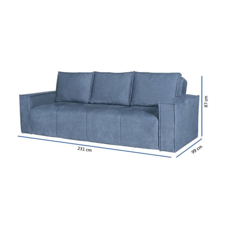 Divano Letto 3 Posti blu Contenitore di Apertura Click-clack 231x99 cm, Lavabile - Naturno