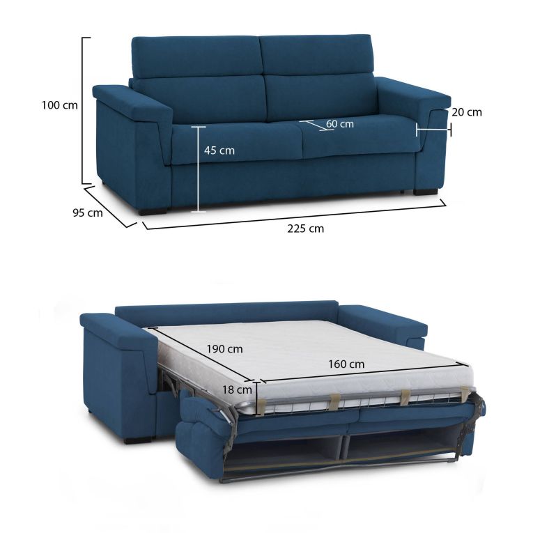 Divano Letto 3 Posti blu Sfoderabile Contenitore 225x95 cm, Lavabile Made in Italy - Benedetto
