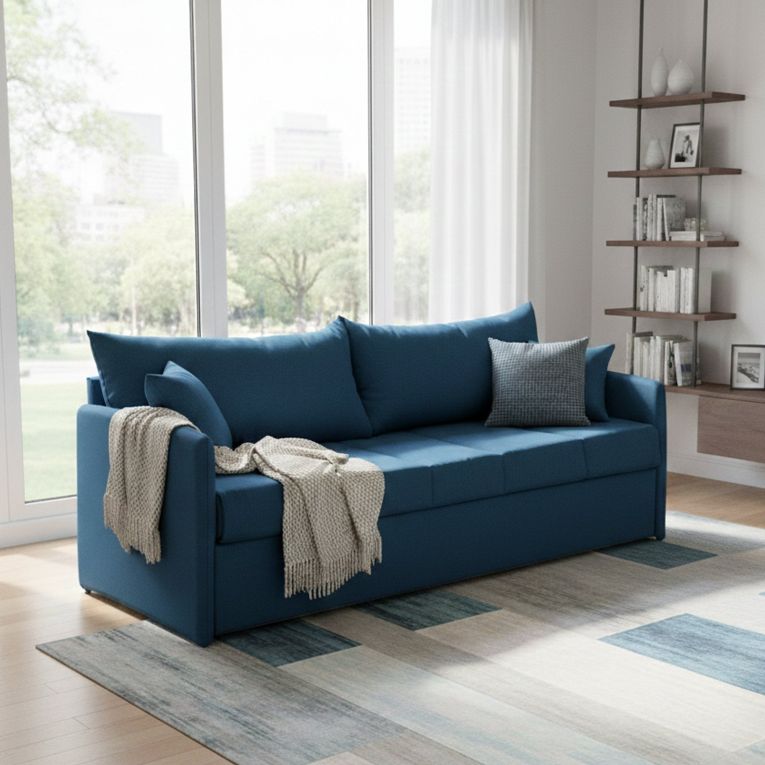 Divano Letto 3 Posti blu Sfoderabile Lavabile 205x86 cm, Idrorepellente Letto Estraibile Materasso Incluso Rete a Doghe Made in Italy - Avellana