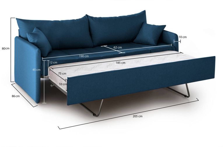 Divano Letto 3 Posti blu Sfoderabile Lavabile 205x86 cm, Idrorepellente Letto Estraibile Materasso Incluso Rete a Doghe Made in Italy - Avellana
