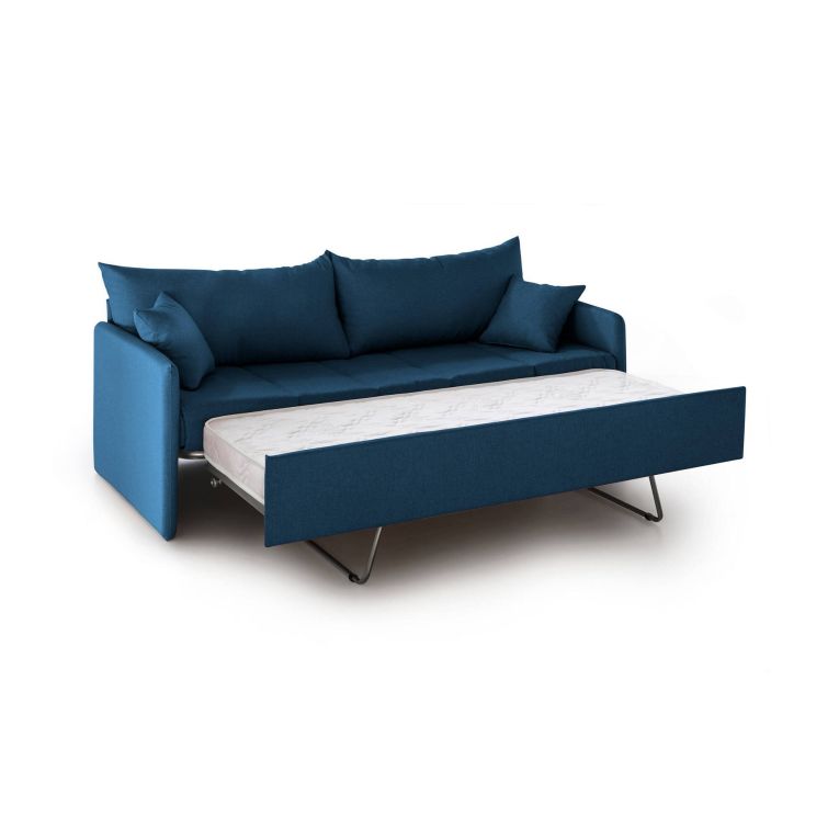 Divano Letto 3 Posti blu Sfoderabile Lavabile 205x86 cm, Idrorepellente Letto Estraibile Materasso Incluso Rete a Doghe Made in Italy - Avellana
