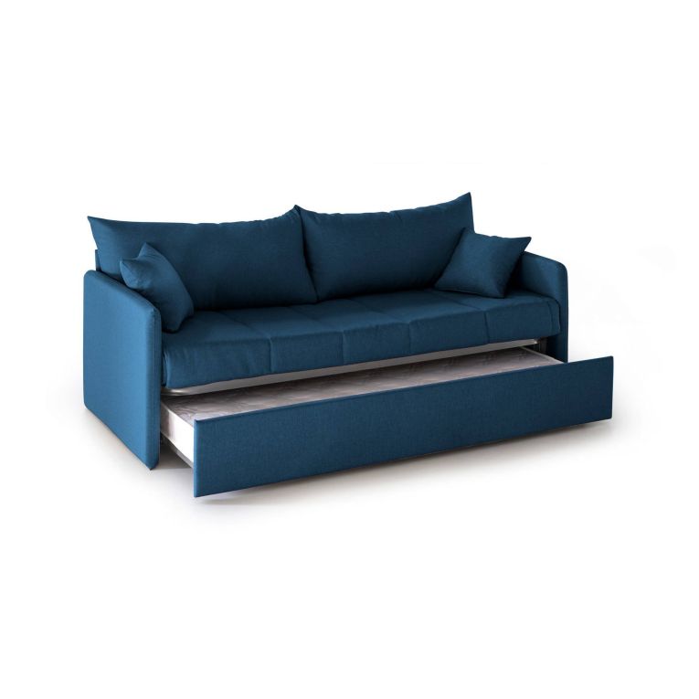 Divano Letto 3 Posti blu Sfoderabile Lavabile 205x86 cm, Idrorepellente Letto Estraibile Materasso Incluso Rete a Doghe Made in Italy - Avellana