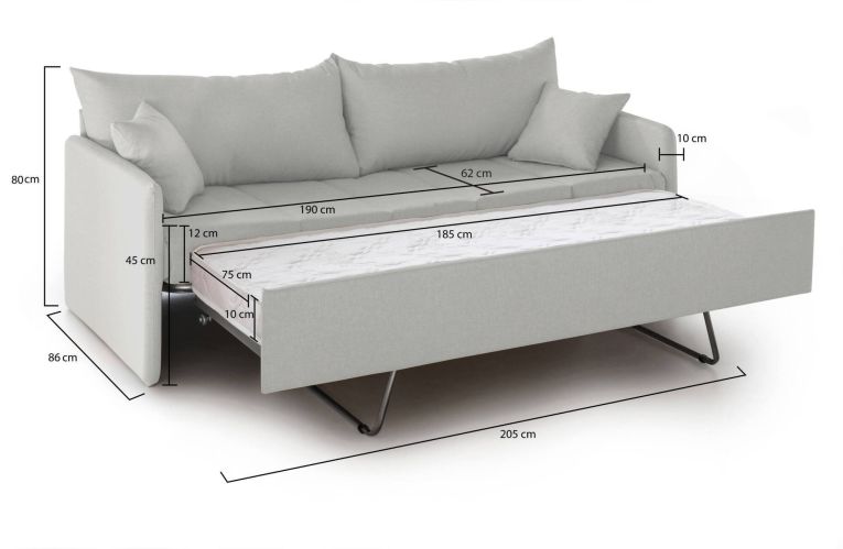 Divano Letto 3 Posti Grigio Chiaro Sfoderabile Lavabile 205x86 cm, Idrorepellente Letto Estraibile Materasso Incluso Rete a Doghe Made in Italy