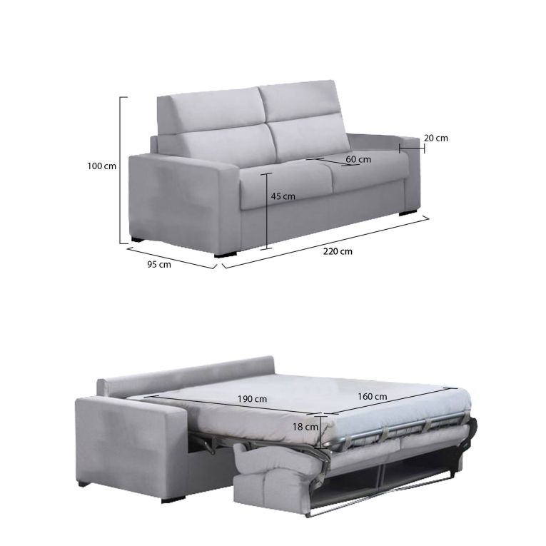 Divano Letto 3 Posti Grigio Sfoderabile Contenitore 220x95 cm, Lavabile Made in Italy - Quindici