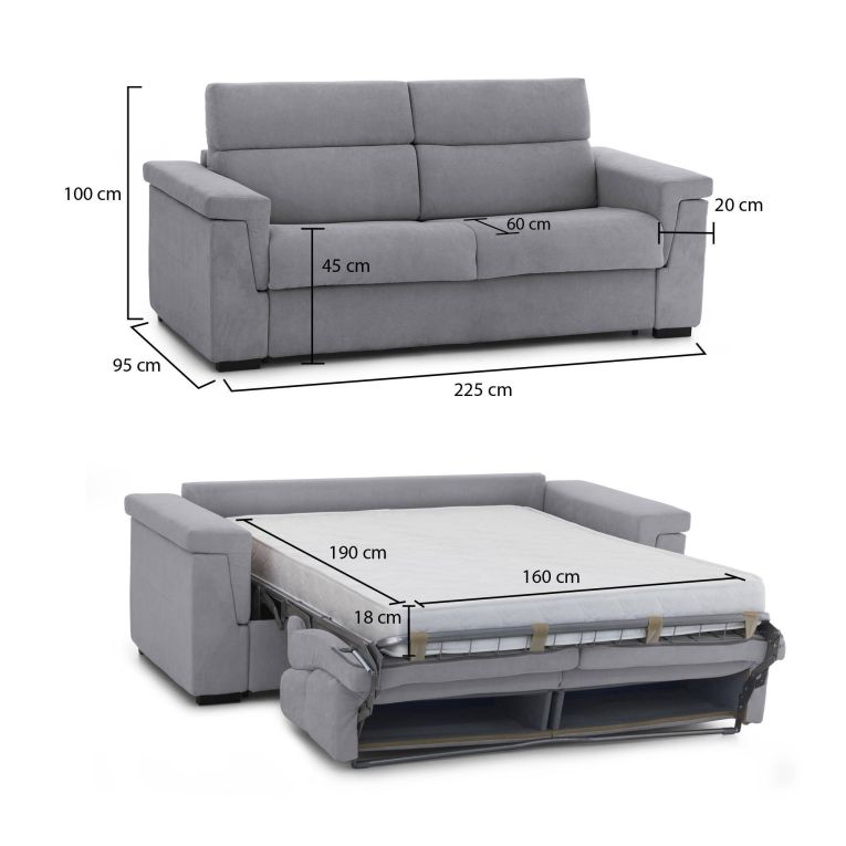 Divano Letto 3 Posti Grigio Sfoderabile Contenitore 225x95 cm, Lavabile Made in Italy - Benedetto