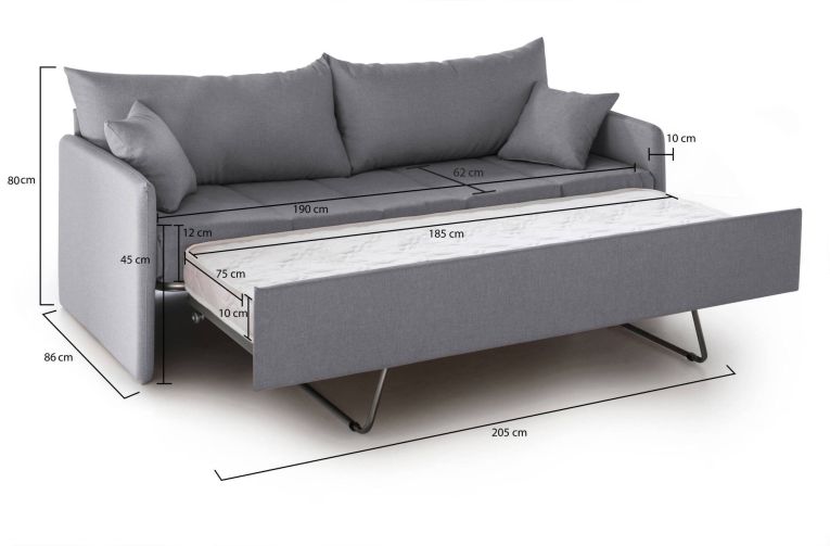 Divano Letto 3 Posti Grigio Sfoderabile Lavabile 205x86 cm, Letto Estraibile Materasso Incluso Made in Italy - Avellana