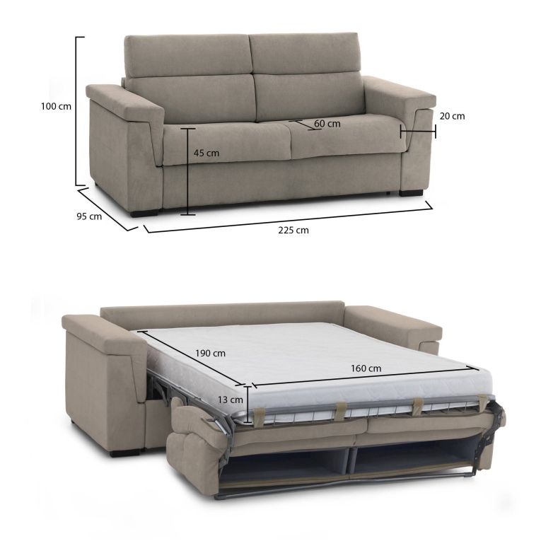 Divano Letto 3 Posti Grigio Tortora Sfoderabile Contenitore 225x95 cm, Lavabile Made in Italy - Nus