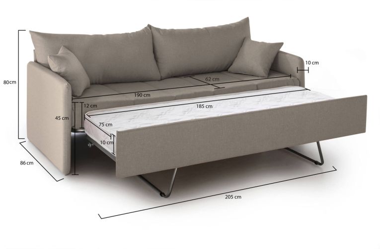 Divano Letto 3 Posti Grigio Tortora Sfoderabile Lavabile 205x86 cm, Idrorepellente Letto Estraibile Materasso Incluso Made in Italy - Avellana