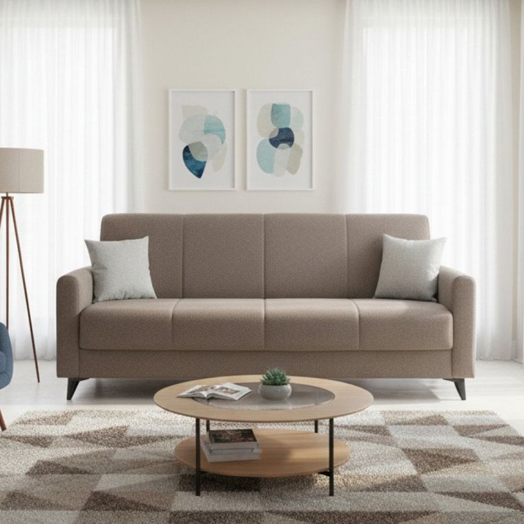 Divano Letto 3 Posti Marrone Contenitore di Apertura Click-clack 220x90 cm, Lavabile - Mulazzo