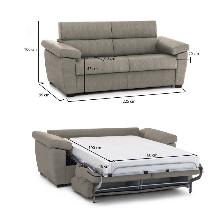 Divano letto 3 posti Paceco, 225x95 h100 cm, Tortora