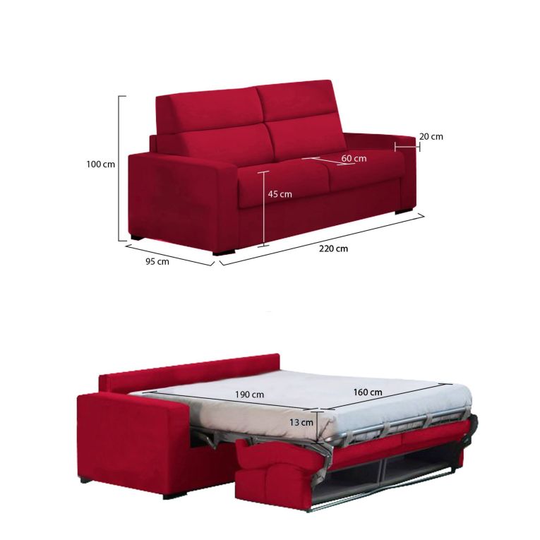 Divano Letto 3 Posti Rosso Sfoderabile Contenitore 220x95 cm, Lavabile Made in Italy - Marcon