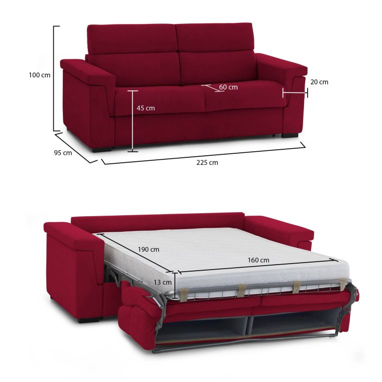 Divano Letto 3 Posti Rosso Sfoderabile Contenitore 225x95 cm, Lavabile Made in Italy - Nus