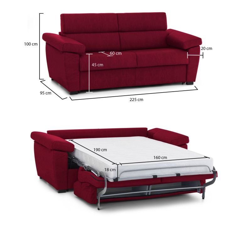 Divano Letto 3 Posti Rosso Sfoderabile Contenitore 225x95 cm, Lavabile Made in Italy - Pacecos