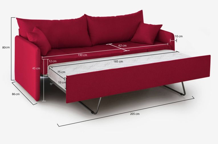 Divano Letto 3 Posti Rosso Sfoderabile Lavabile 205x86 cm, Idrorepellente Letto Estraibile Materasso Incluso Made in Italy - Avellana