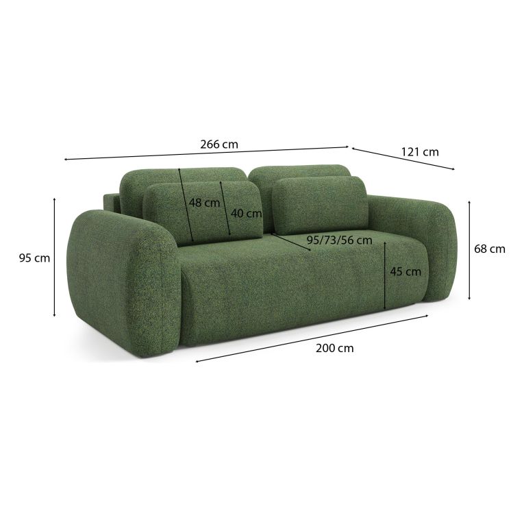 Divano Letto 3 Posti Verde Contenitore di Apertura a Libro 266x121 cm, Reclinabile - Sessame