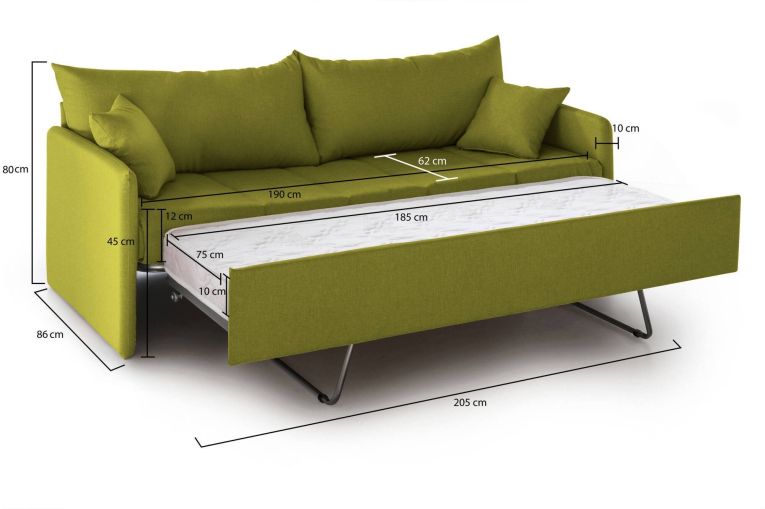 Divano Letto 3 Posti Verde Sfoderabile Lavabile 205x86 cm, Idrorepellente Letto Estraibile Made in Italy - Avellana