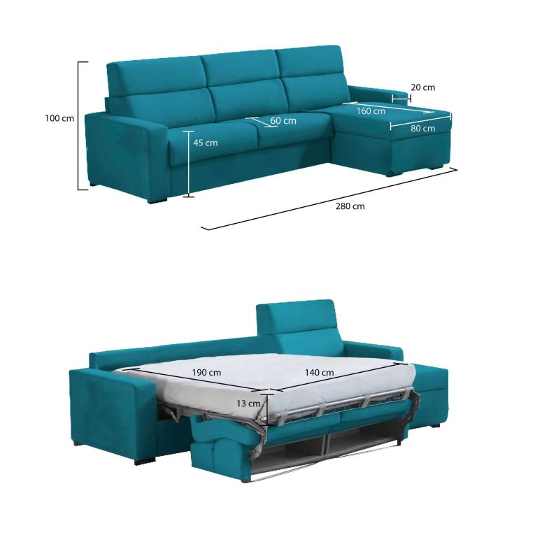 Divano letto 4 posti azzurro 280x160cm - Pusiano