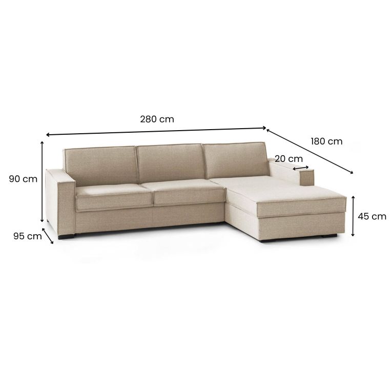 Divano Letto Adela, Divano ad angolo, 100% Made in Italy, Sofà con apertura girevole, Penisola contenitore Destra, con Braccioli standard, Cm 280x95h90, Beige
