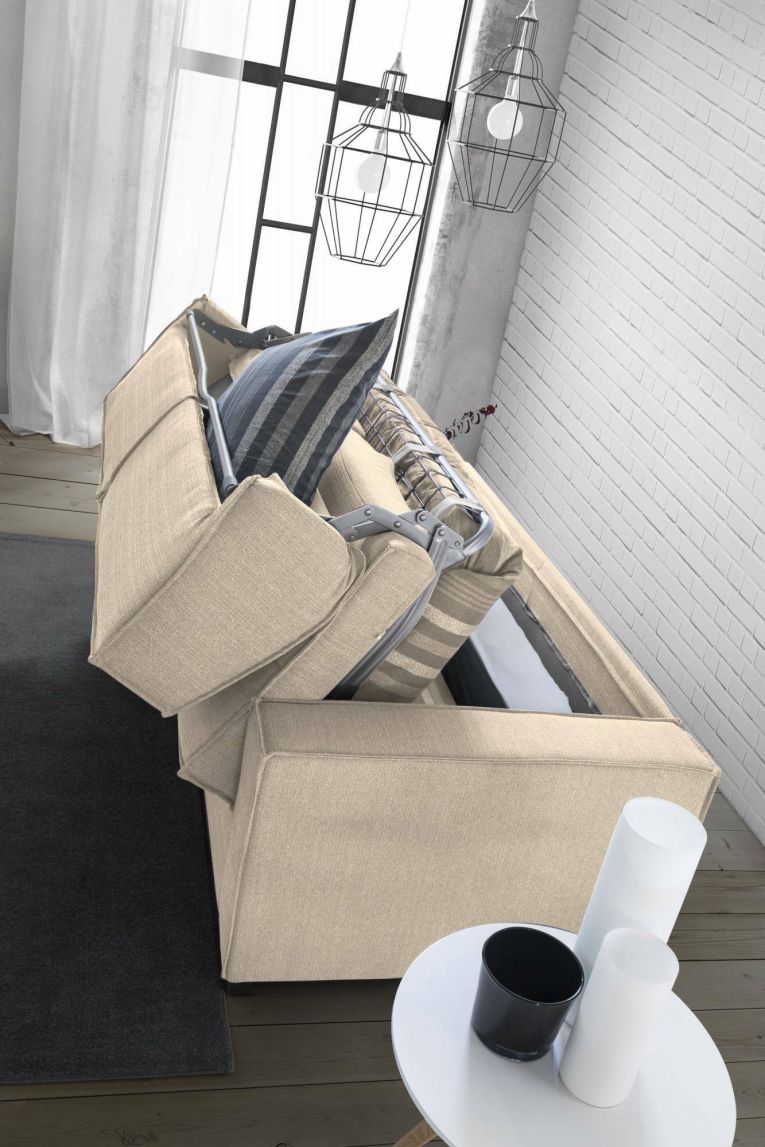 Divano Letto Adela, Divano ad angolo, 100% Made in Italy, Sofà con apertura girevole, Penisola contenitore Destra, con Braccioli standard, Cm 280x95h90, Beige