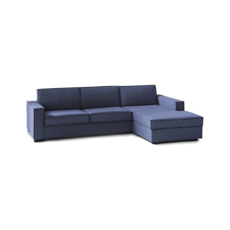 Divano Letto Adela, Divano ad angolo, 100% Made in Italy, Sofà con apertura girevole, Penisola contenitore Destra, con Braccioli standard, Cm 280x95h90, Blu