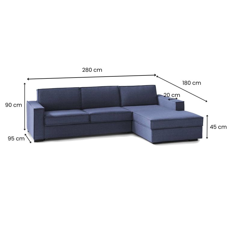 Divano Letto Adela, Divano ad angolo, 100% Made in Italy, Sofà con apertura girevole, Penisola contenitore Destra, con Braccioli standard, Cm 280x95h90, Blu