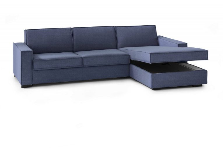 Divano Letto Adela, Divano ad angolo, 100% Made in Italy, Sofà con apertura girevole, Penisola contenitore Destra, con Braccioli standard, Cm 280x95h90, Blu