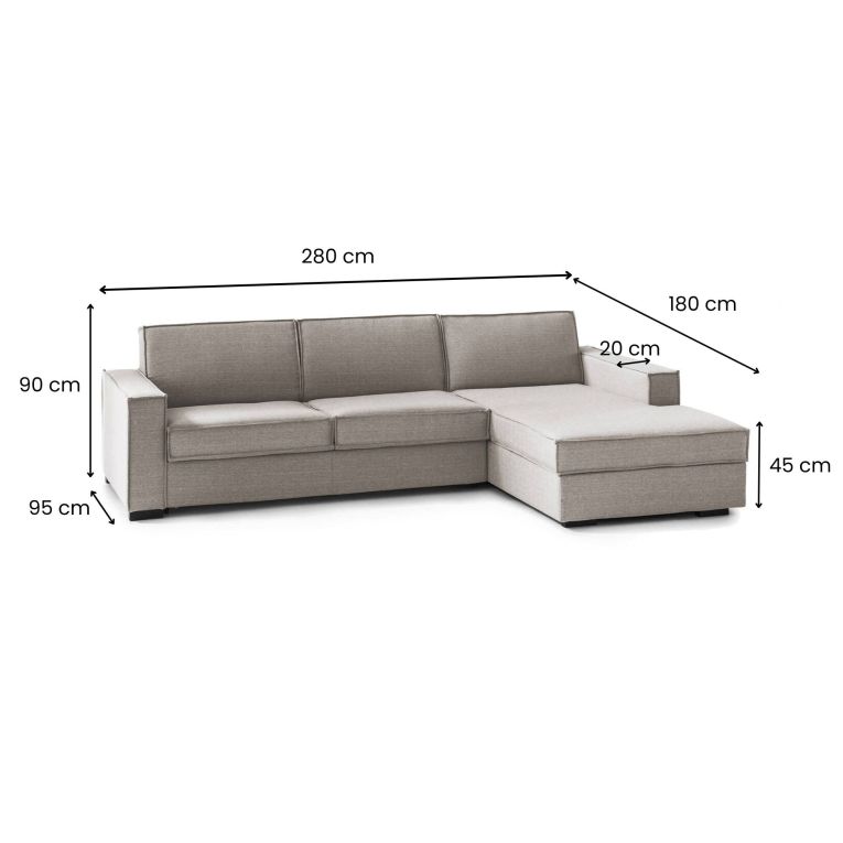 Divano Letto Adela, Divano ad angolo, 100% Made in Italy, Sofà con apertura girevole, Penisola contenitore Destra, con Braccioli standard, Cm 280x95h90, Tortora